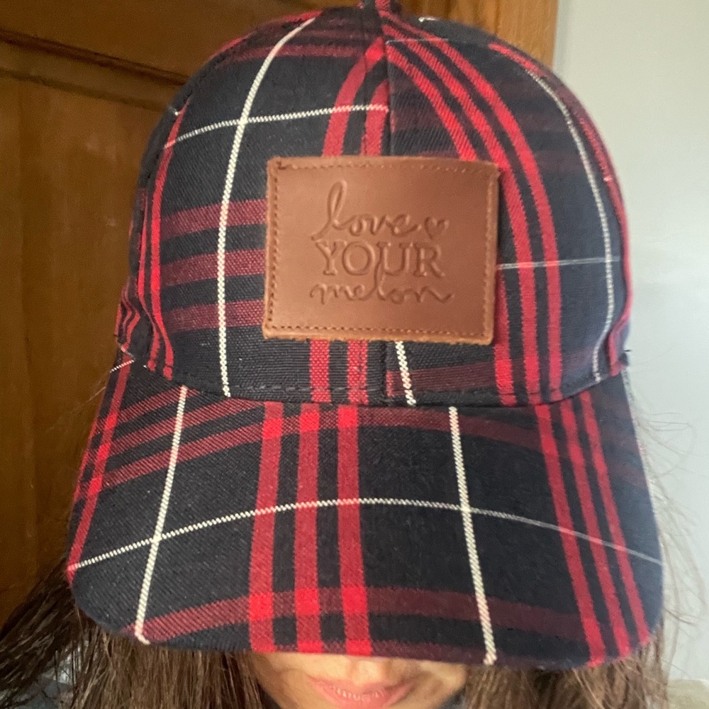 Love Your Melon Red and Navy Blue Plaid Hat